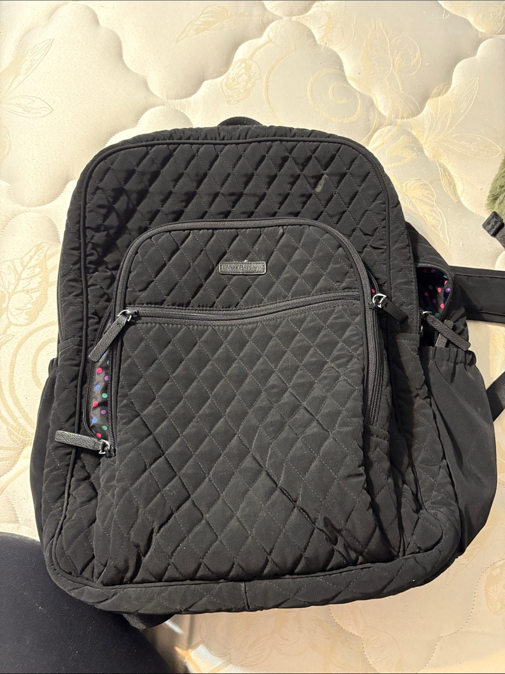 Vera Bradley Black Quilted Backpack with Polka Dot Trim